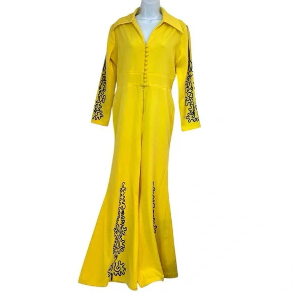 Fredrick’s of Hollywood Vintage 70s RARE Embroidered Bell Bottom Jumpsuit Yellow - Picture 5 of 14
